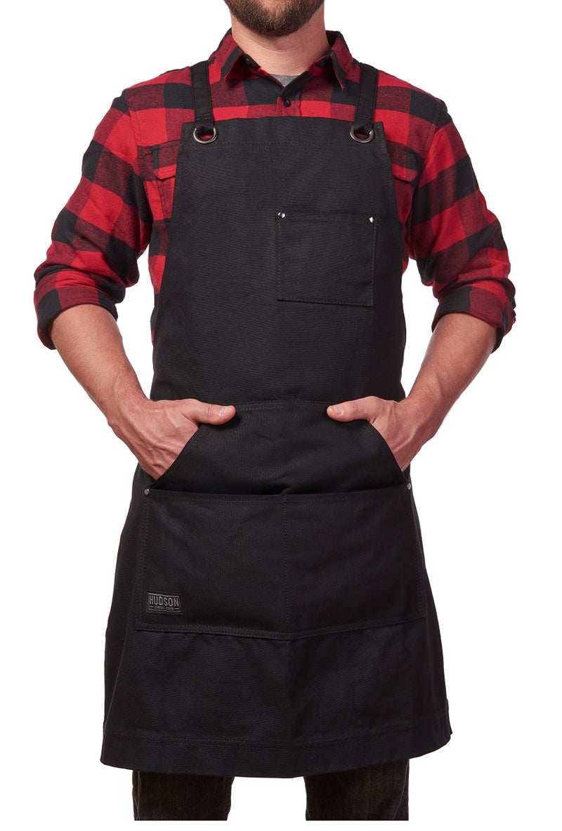 Hudson Durable Goods Heavy Duty Waxed Canvas Apron for Men and Women, Adjustable Crossback Work Apron with Tool Pockets, Water-Resistant - Fits up to XXL, Black - Image 2